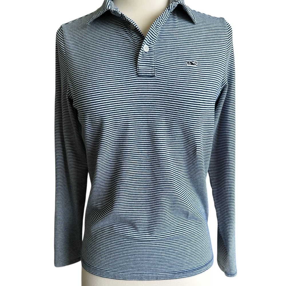 Vineyard Vines Edgartown Polo Long Sleeve Youth Size M 12/14 Navy White Striped